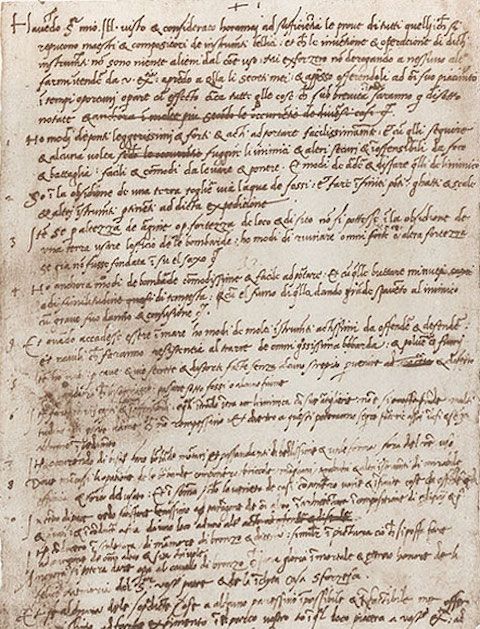 Original handwritten resume letter from Leonardo da Vinci to the Duke of Milan, circa 1482