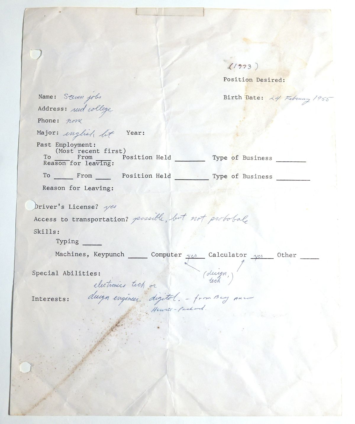 Original handwritten job application from Steve Jobs to Atari, 1973
